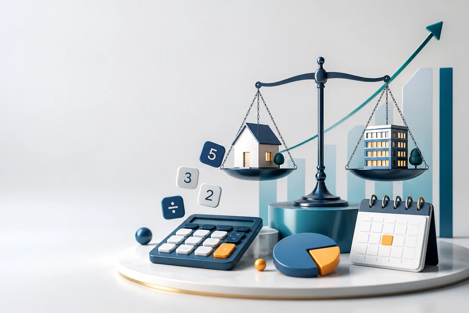Calculator, calendar, comparison scale, home and business symbols arranged around a rising chart